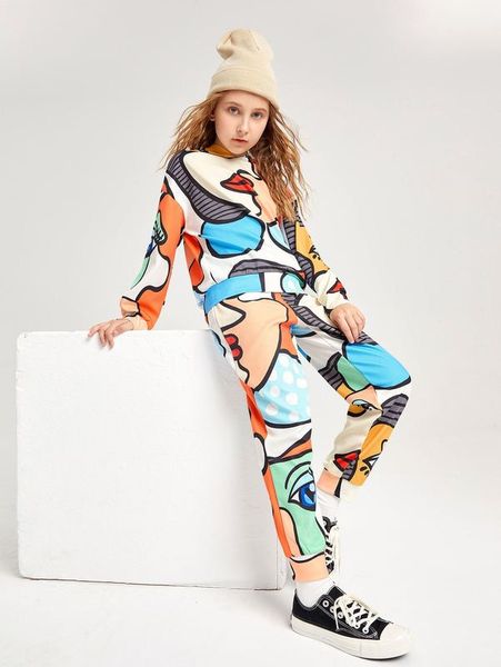 girls polka dot and figure graphic drop shoulder hoodie & sweatpants she, White
girls polka dot and figure graphic drop shoulder hoodie & sweatpants she, White