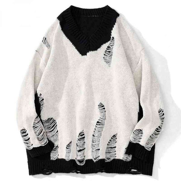 hole sweater men ripped hit color patchwork knitted v-neck pullover casual all-match hipster harajuku jumper streetwear couple t220730, White;black
hole sweater men ripped hit color patchwork knitted v-neck pullover casual all-match hipster harajuku jumper streetwear couple t220730, White;black