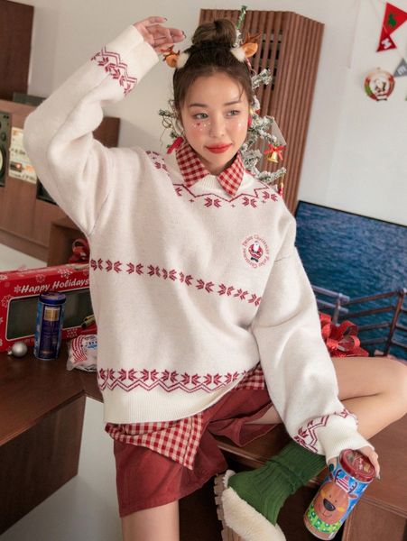 dazy christmas santa & geo pattern drop shoulder sweater d43r#, White;black