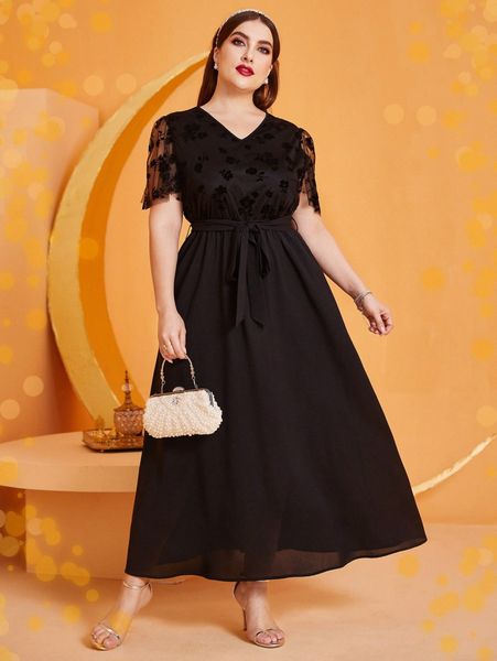 plus contrast floral mesh belted dress t26s#, Black