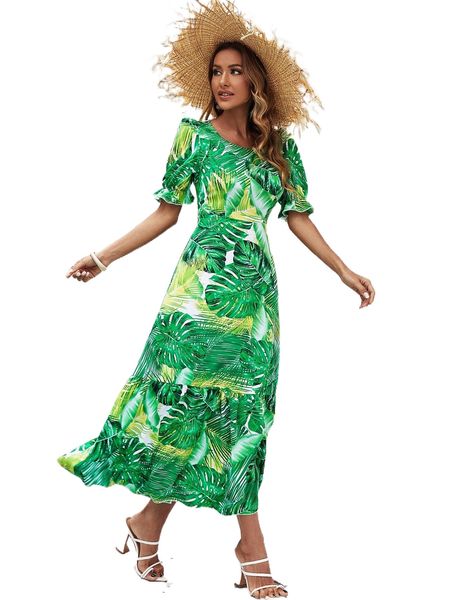 tropical print puff sleeve dress d1xb#, Black;gray
tropical print puff sleeve dress d1xb#, Black;gray