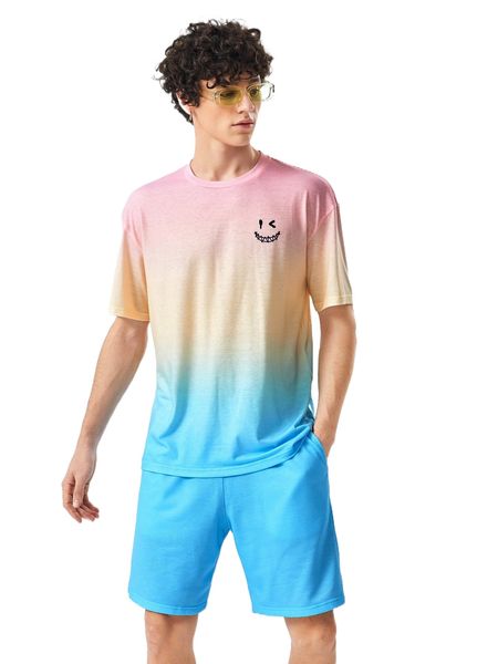 1pc cartoon graphic ombre drop shoulder tee & 1pc shorts g7nd#, Gray