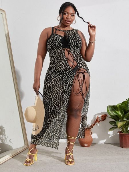 sxy plus allover print lace up asymmetrical neck dress without lingerie set u7bn#, Black
sxy plus allover print lace up asymmetrical neck dress without lingerie set u7bn#, Black