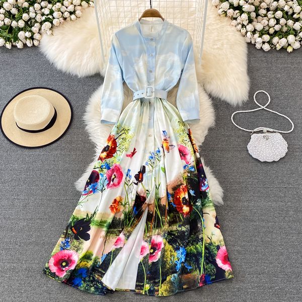 2022 spring summer floral dress women three quarter sleeve single-breasted belt flower print elegant long vestidos, Black;gray
2022 spring summer floral dress women three quarter sleeve single-breasted belt flower print elegant long vestidos, Black;gray