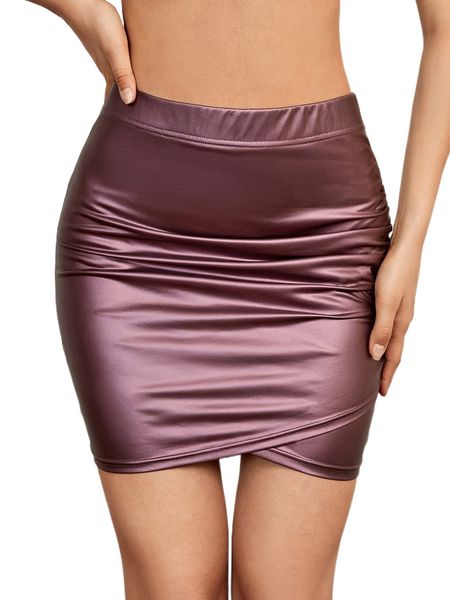 faux leather crisscross ruched skirt k9ys#, Black