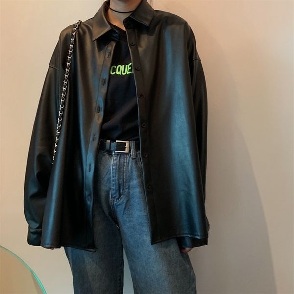chic women oversized pu leather blouses spring autumn black faux leather basic coat turndown collar motor biker jacket 220715
chic women oversized pu leather blouses spring autumn black faux leather basic coat turndown collar motor biker jacket 220715