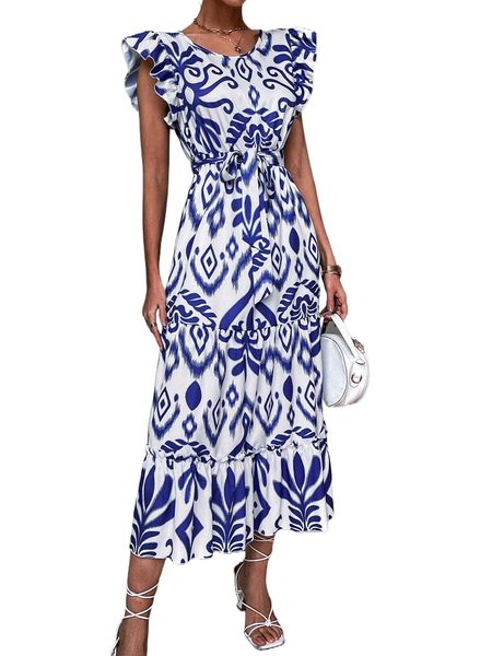 geo and plants print flutter sleeve ruffle hem belted dress q0kl#, Black;gray