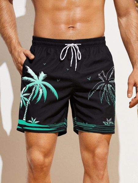 men tropical print drawstring waist swim trunks 51gw#, White;black