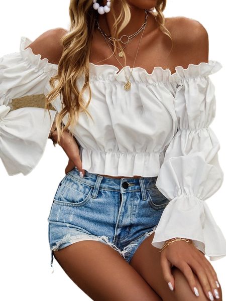 gathered sleeve off the shoulder blouse z8do#, White 
gathered sleeve off the shoulder blouse z8do#, White