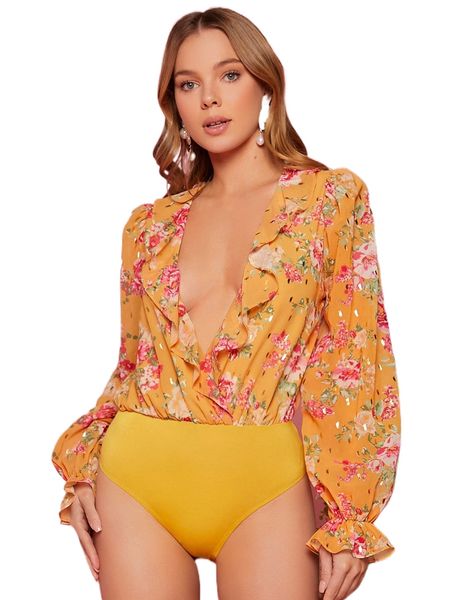 plunging neck flounce sleeve ruffle detail floral print bodysuit z03l#, White
plunging neck flounce sleeve ruffle detail floral print bodysuit z03l#, White
