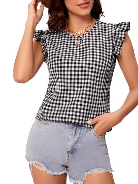 gingham print keyhole back cap sleeve blouse k3ad#, White 
gingham print keyhole back cap sleeve blouse k3ad#, White