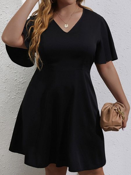 plus flutter sleeve a-line dress v6hl#, Black