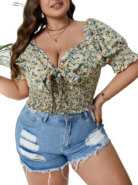 plus ditsy floral print knot front shirred frill trim blouse d9xa#, Black