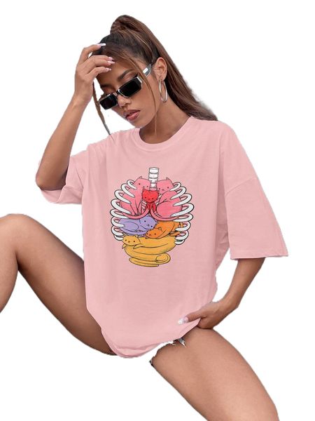 x tobefonseca skeleton & cat print drop shoulder oversized tee y1hx#, White 
x tobefonseca skeleton & cat print drop shoulder oversized tee y1hx#, White
