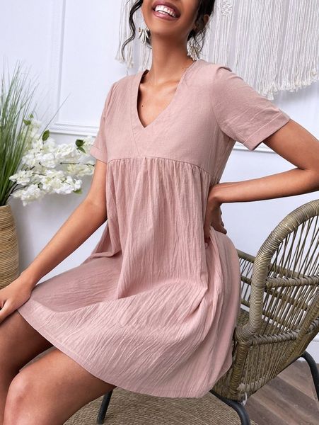 solid v neck smock dress q8em#, Black;gray 
solid v neck smock dress q8em#, Black;gray