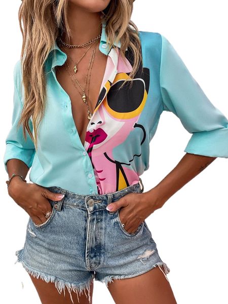 figure print button front blouse r1hr#, White