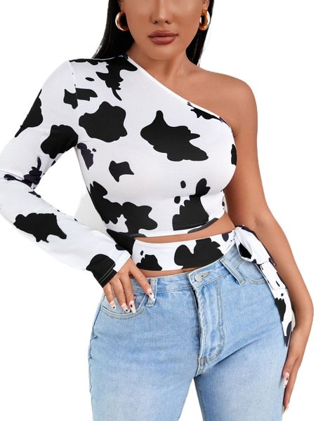 one shoulder cow print knot side crop m1g9#, White