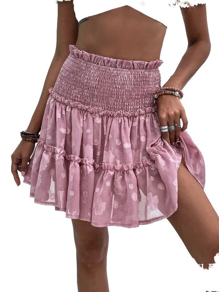 frill trim shirred waist layered skirt n9xu#, Black