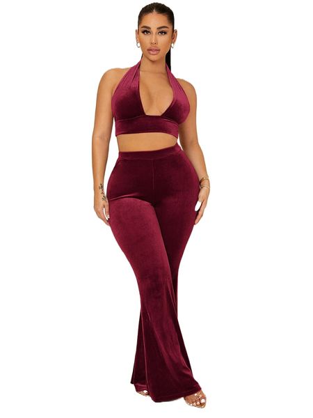 sxy backless crop velvet halter & flare leg pants a76y#, White
sxy backless crop velvet halter & flare leg pants a76y#, White