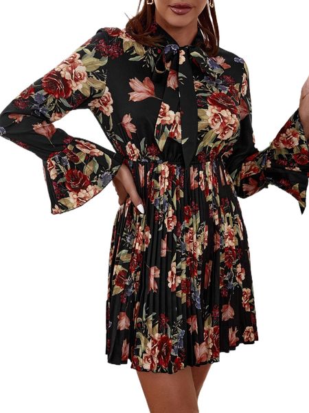 floral print pleated hem flounce sleeve tie neck dress d3bh#, Black;gray
floral print pleated hem flounce sleeve tie neck dress d3bh#, Black;gray