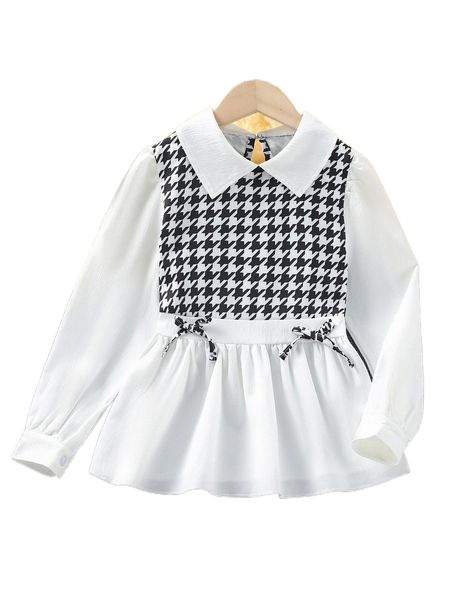 girls houndstooth print contrast collar blouse 04ib#, Black;white