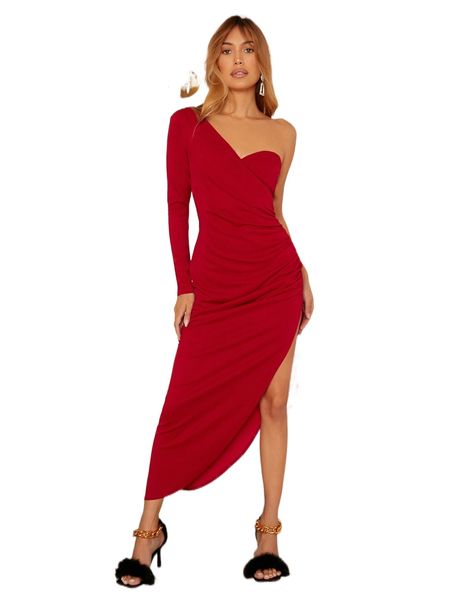 one shoulder split thigh dress f5y3#, Black;gray
