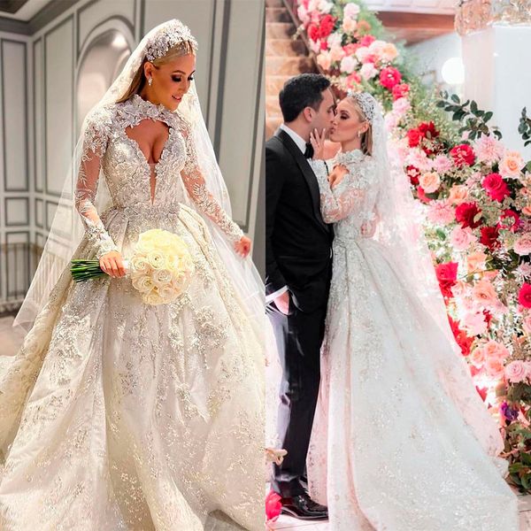 3d floral appliques a line wedding dress high neck long sleeves vestido casamento lace beads flowers bridal gowns, White
3d floral appliques a line wedding dress high neck long sleeves vestido casamento lace beads flowers bridal gowns, White