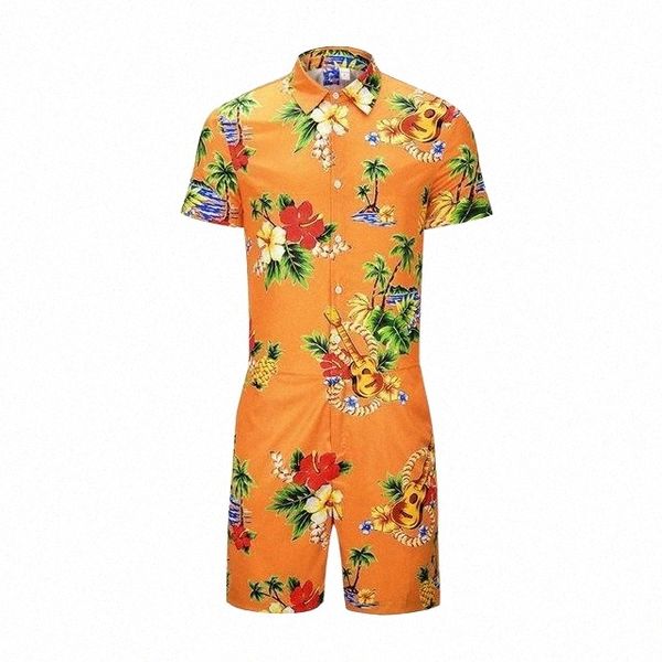 

men's tracksuits men rompers summer floral print jumpsuit playsuit holiday hawaiian one piece overalls set short outfit clothes w3ks#, Gray