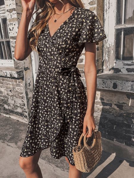 ditsy floral print butterfly sleeve knot side wrap dress d5d6#, Black;gray
ditsy floral print butterfly sleeve knot side wrap dress d5d6#, Black;gray