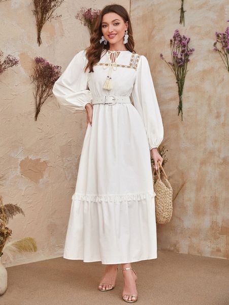 1pc geo tape panel lantern sleeve tassel trim belted dress z4ay#, Black;gray
1pc geo tape panel lantern sleeve tassel trim belted dress z4ay#, Black;gray