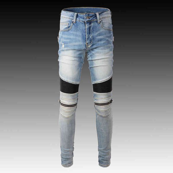 men's jeans fashion brand locomotive used washed patchwork leather wrinkled zipper slim elastic high-end men's jeans 1jld, Blue
men's jeans fashion brand locomotive used washed patchwork leather wrinkled zipper slim elastic high-end men's jeans 1jld, Blue