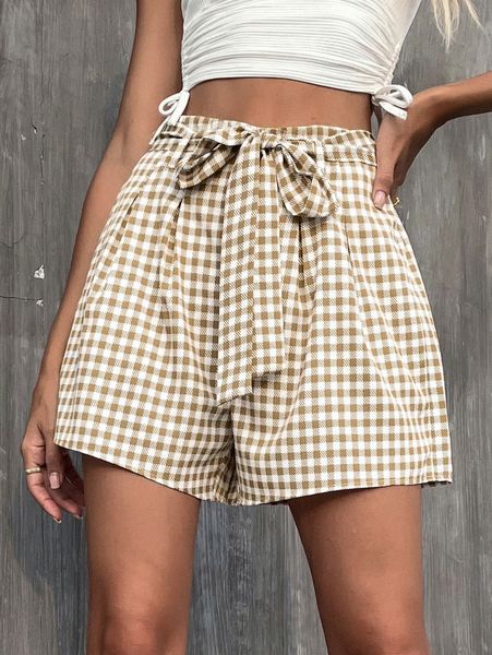 high waist gingham belted shorts h9te#, White;black