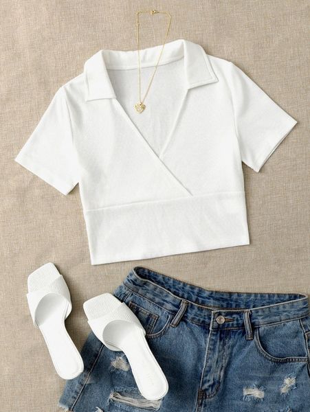 overlap collar ribbed knit tee y4pi#, White