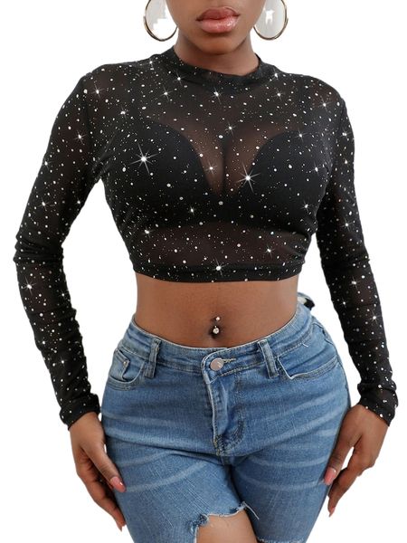 contrast sequin crop mesh p4fv#, White