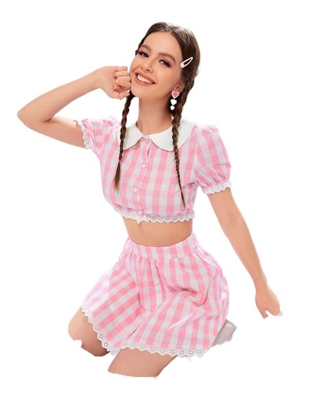 mod buffalo plaid eyelet embroidery trim peter-pan collar button front crop blouse c1wq#, White
mod buffalo plaid eyelet embroidery trim peter-pan collar button front crop blouse c1wq#, White