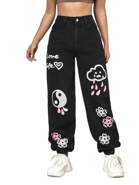 floral & cartoon graphic jogger jeans g1yp#, Blue
