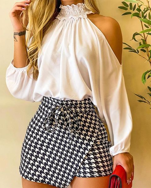 work dresses fashion women two piece set could shoulder long sleeve & houndstooth print mini skorts et, White;black
work dresses fashion women two piece set could shoulder long sleeve & houndstooth print mini skorts et, White;black