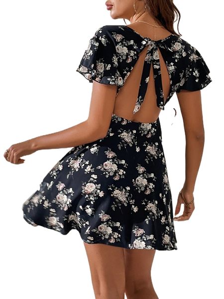 floral print tie backless butterfly sleeve dress l3sq#, Black;gray 
floral print tie backless butterfly sleeve dress l3sq#, Black;gray