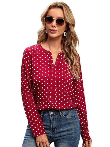 polka dot notched neck blouse e73u#, White 
polka dot notched neck blouse e73u#, White