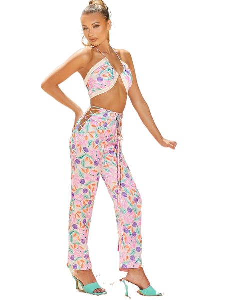 x ji yeon lee allover plants halter & lace up side pants set x6gr#, White 
x ji yeon lee allover plants halter & lace up side pants set x6gr#, White