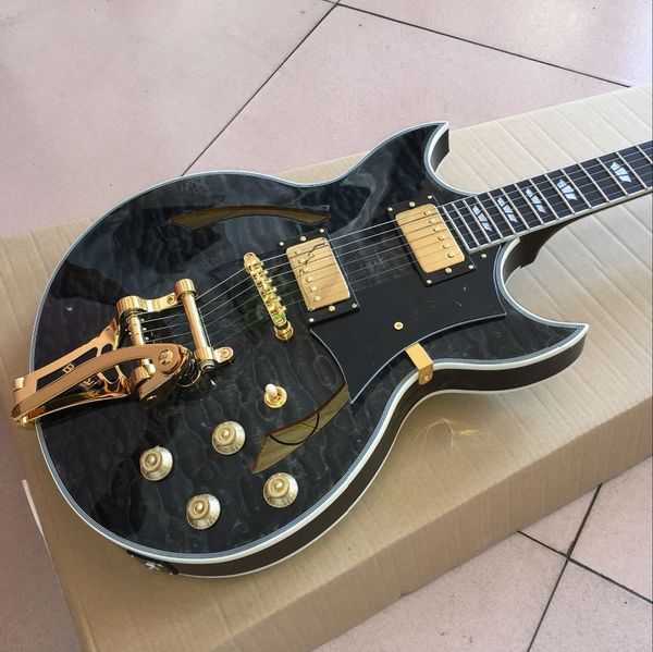 custom shop semi hollow body jazz electric guitar 6 strings black guitarra and gold hardware vibrato system
custom shop semi hollow body jazz electric guitar 6 strings black guitarra and gold hardware vibrato system