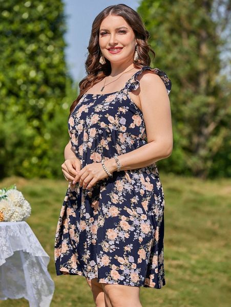 plus floral print ruffle trim dress j5lj#, Black