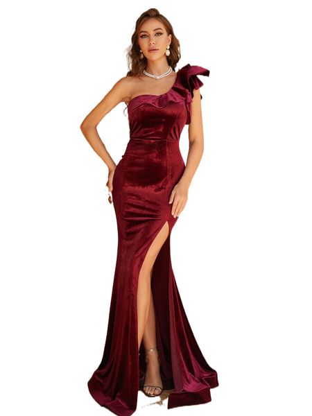 one shoulder ruffle trim split thigh velvet prom dress n3vn#, Black;gray
one shoulder ruffle trim split thigh velvet prom dress n3vn#, Black;gray