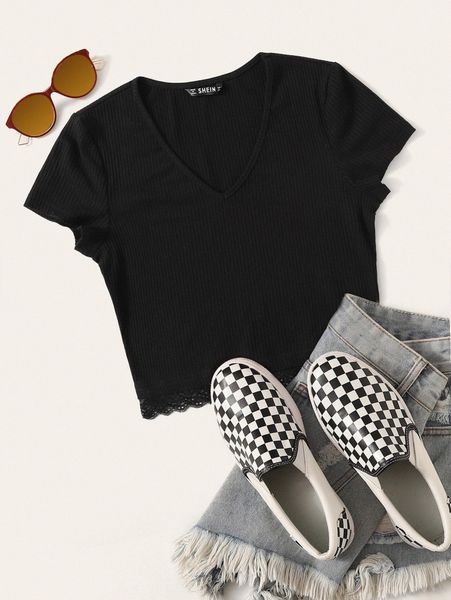 v-neck lace hem rib-knit w6a1#, White 
v-neck lace hem rib-knit w6a1#, White