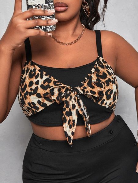 sxy plus leopard print tie front crop cami f9h1#, Black 
sxy plus leopard print tie front crop cami f9h1#, Black