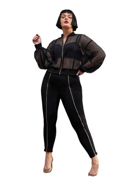 x heavinz lane plus drop shoulder zip up fishnet bomber jacket & skinny pants without cami k4kx#, Black
x heavinz lane plus drop shoulder zip up fishnet bomber jacket & skinny pants without cami k4kx#, Black