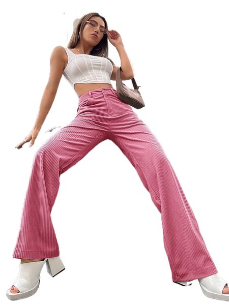 rib-knit high waisted straight leg pants n9l5#, Black;white