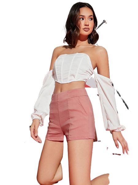 solid slanted pocket high-rise shorts n5wo#, White;black
