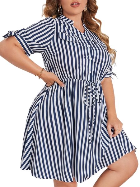 plus vertical striped tie cuff tie waist dress a436#, Black 
plus vertical striped tie cuff tie waist dress a436#, Black