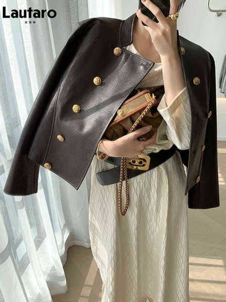 lautaro spring autumn short brown black faux leather jacket women double breasted loose luxury designer fashion l220728
lautaro spring autumn short brown black faux leather jacket women double breasted loose luxury designer fashion l220728